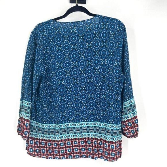 Grand &‎ Greene Women's Geometric Print Tie 3/4 Sleeve Blouse Bohemian Large - Picture 2 of 7